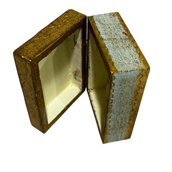 Italian Florentine style wood hinged lid trinket keepsake box gold & mint green - Picture 7 of 9